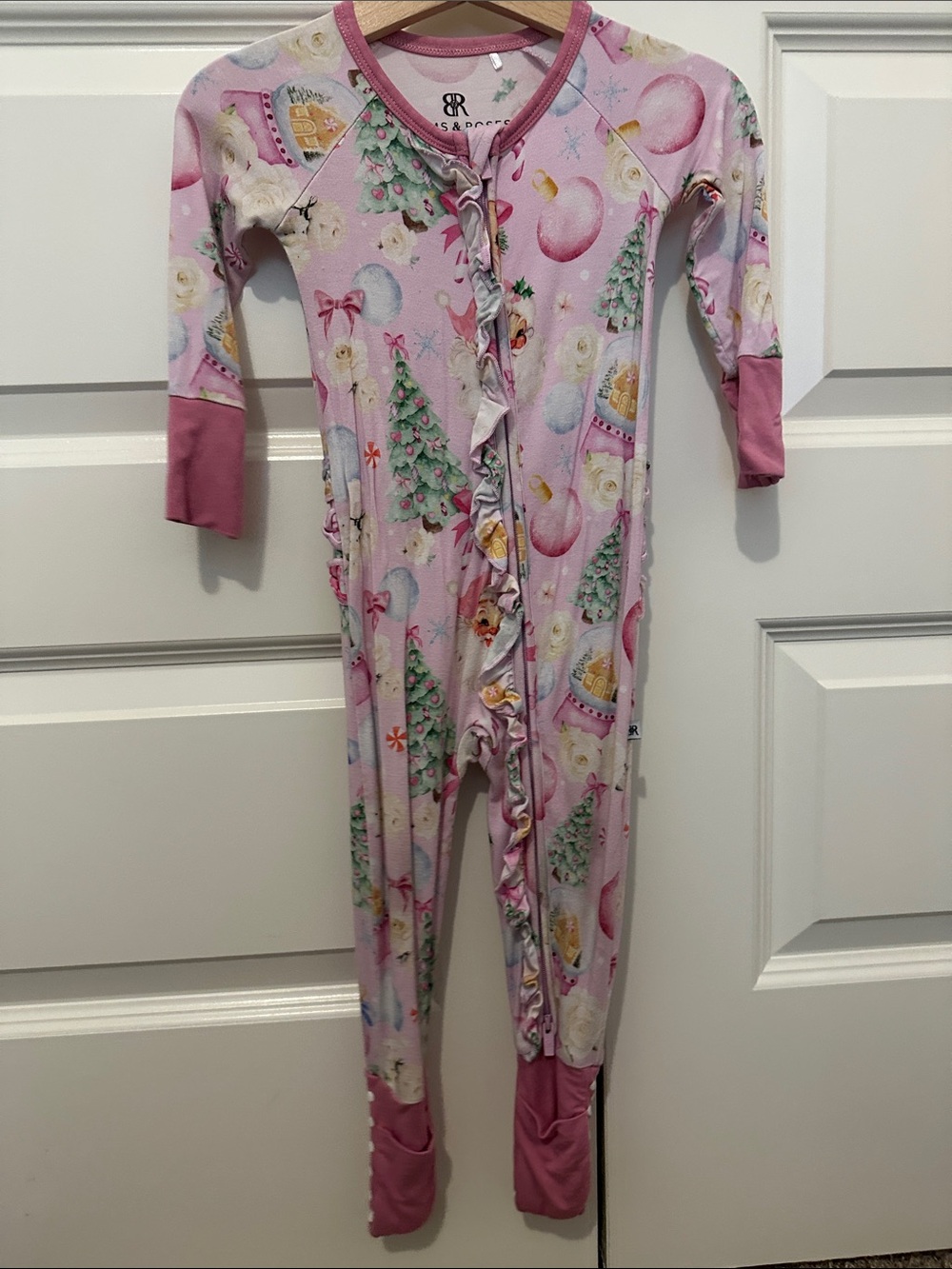 Rylee & Cru Pink Holiday Ruffle-Front Footie One-Piece